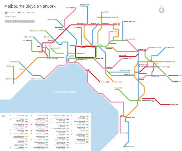 Mapa pasów rowerowych w Melbourne