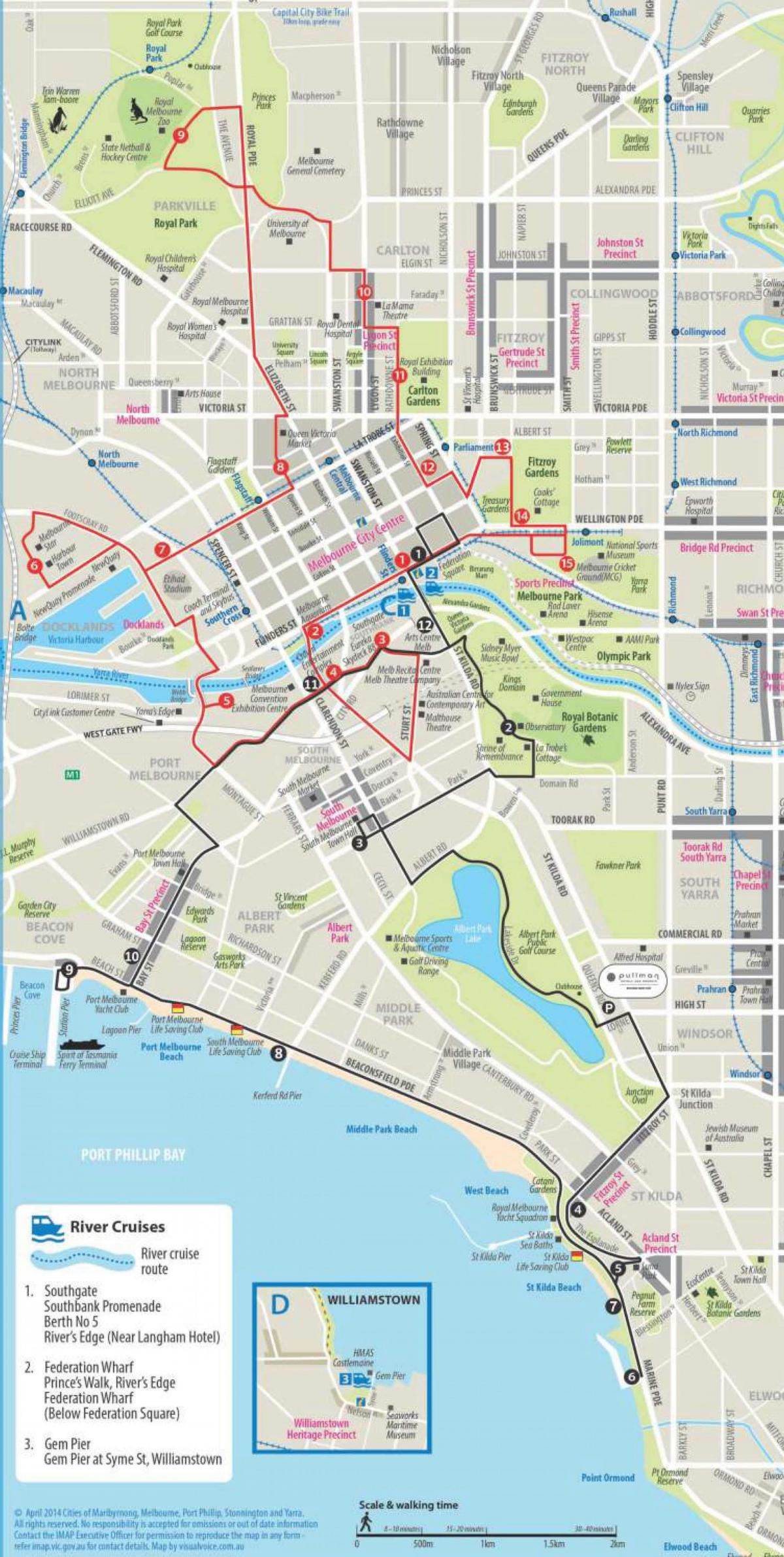 Mapa wycieczek autobusowych Melbourne Hop On Hop Off