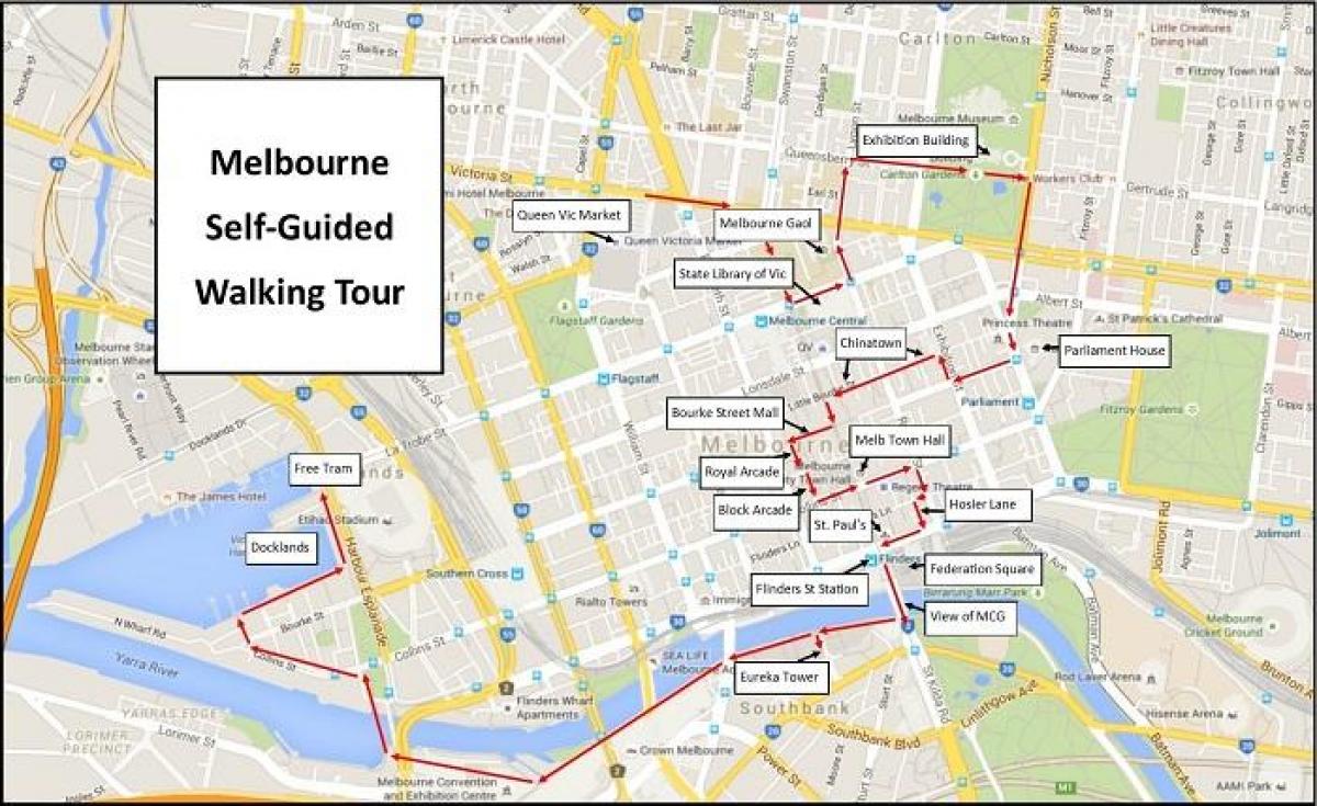 Mapa pieszych wycieczek po Melbourne